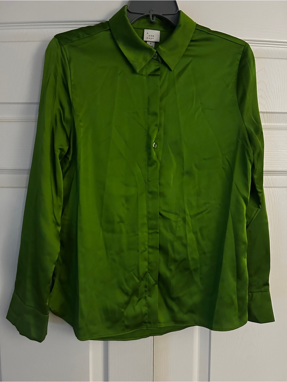 Green Satin Button-Up Blouse